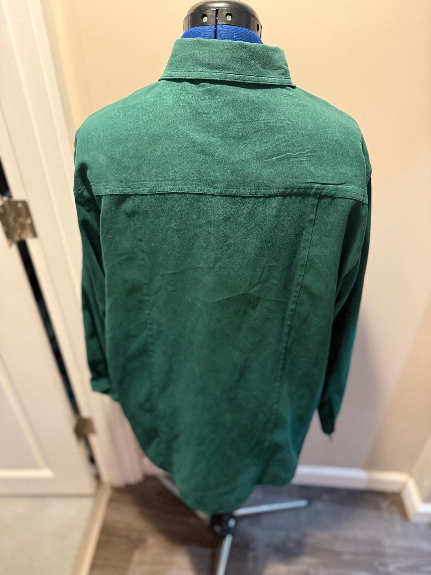"#1 Dog Dad" on Vintage Green Faux Suede Collared L/S Button-Up Shirt