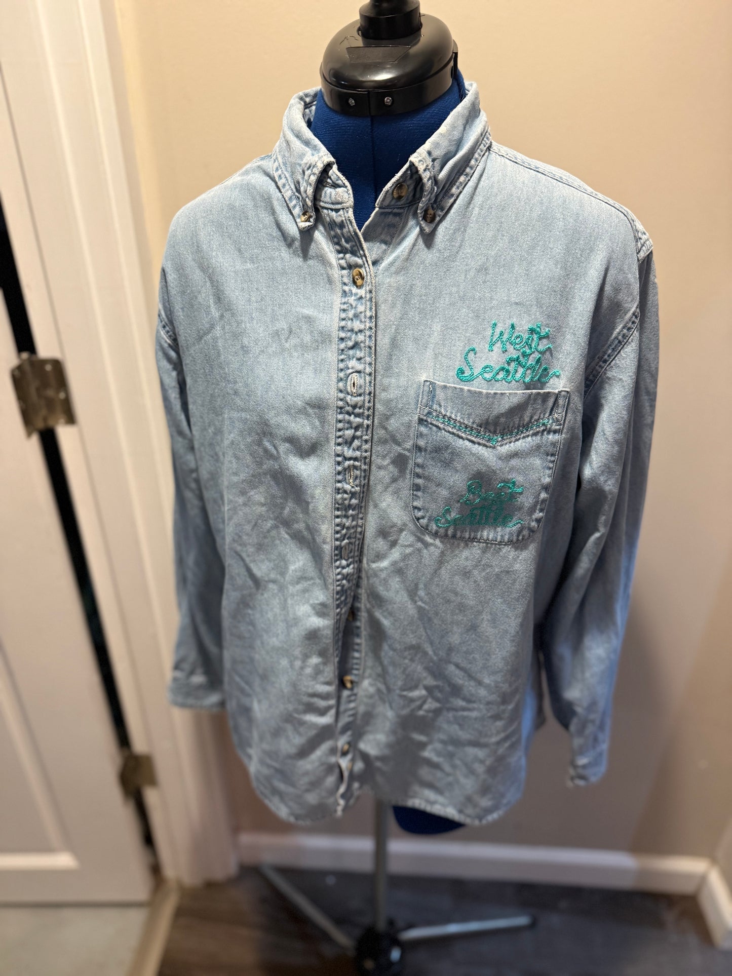"West Seattle, Best Seattle" on Vintage Denim Button-Up L/S Shirt