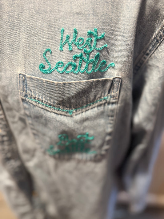 "West Seattle, Best Seattle" on Vintage Denim Button-Up L/S Shirt