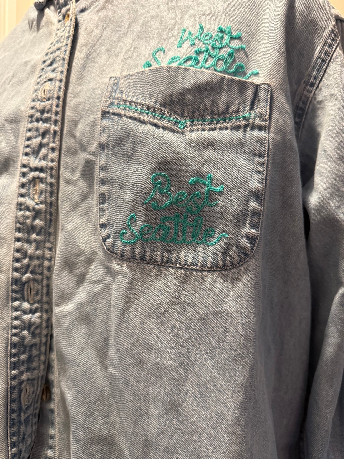 "West Seattle, Best Seattle" on Vintage Denim Button-Up L/S Shirt