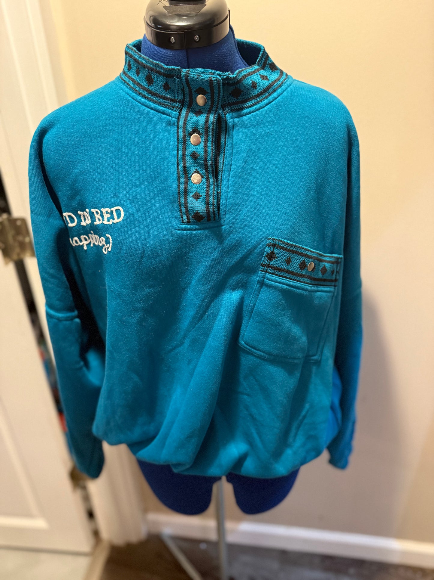 Deadstock with Tags "Good in Bed (napping)" Blue Half-Snap Collared Sweatshirt with Shoulder Pads