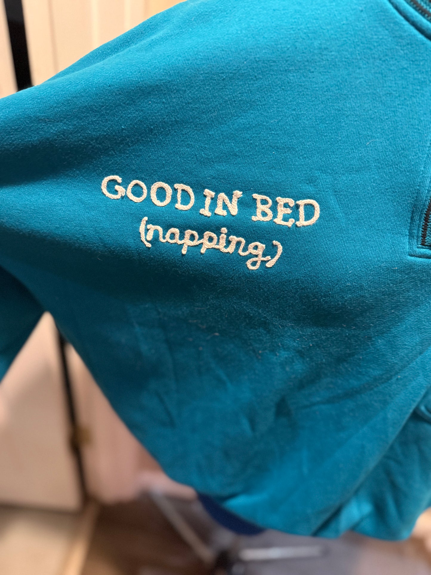 Deadstock with Tags "Good in Bed (napping)" Blue Half-Snap Collared Sweatshirt with Shoulder Pads