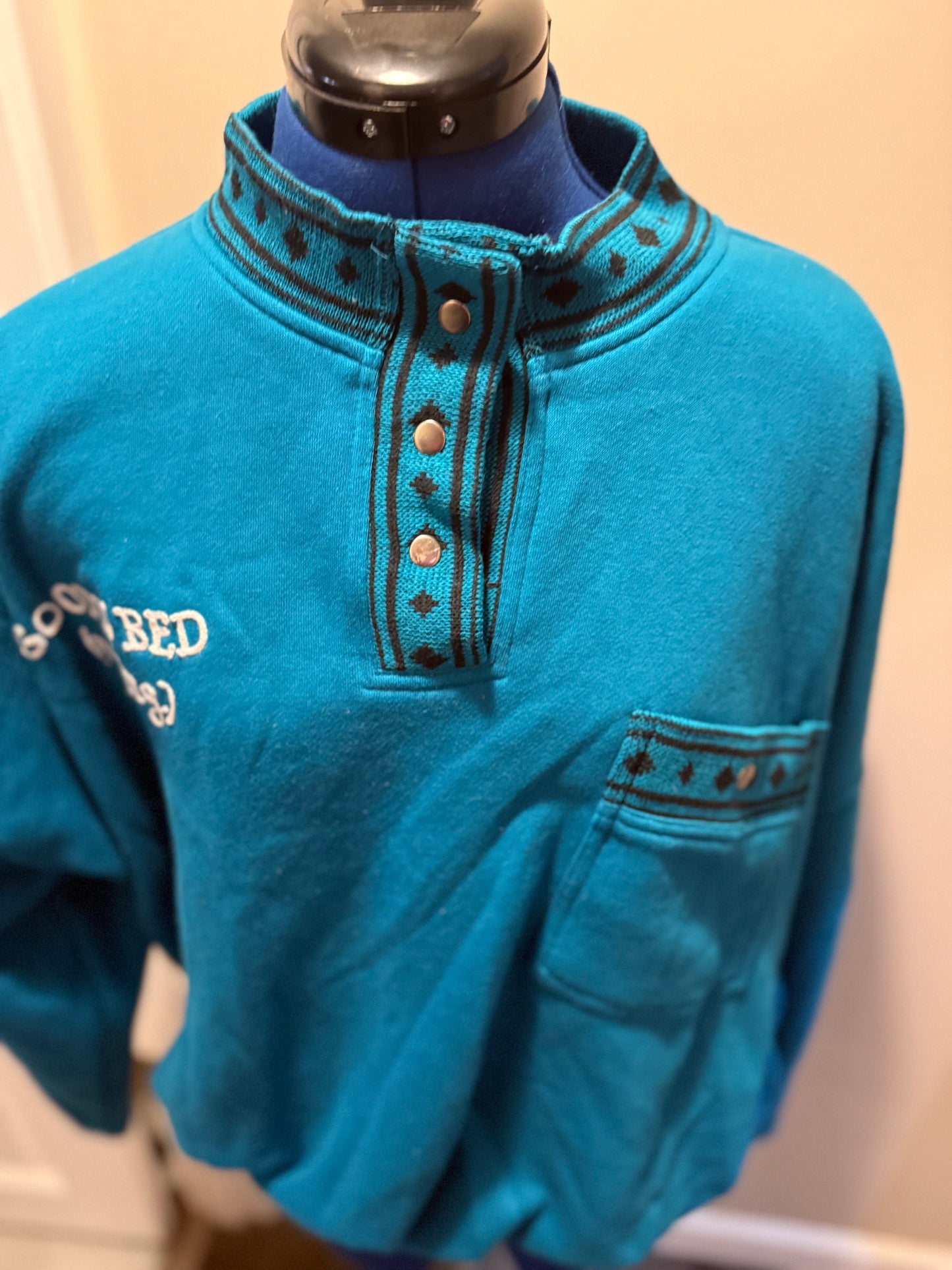 Deadstock with Tags "Good in Bed (napping)" Blue Half-Snap Collared Sweatshirt with Shoulder Pads