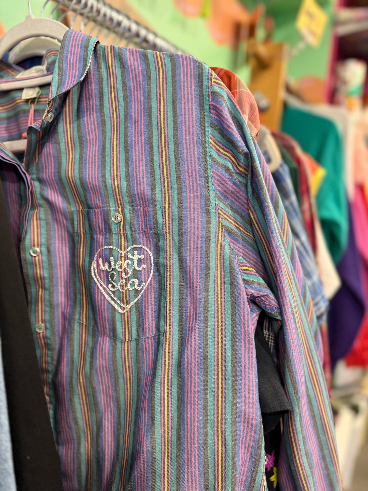 I <3 West Sea Vintage Pastel Striped L/S Button-Up Collared Shirt