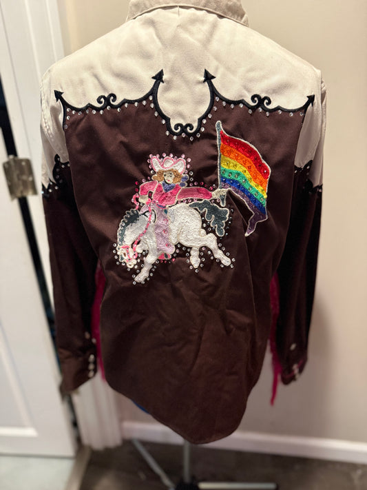 Queer of the Rodeo Vintage Brown + Cream Vintage Diamond Pearl Snap Shirt