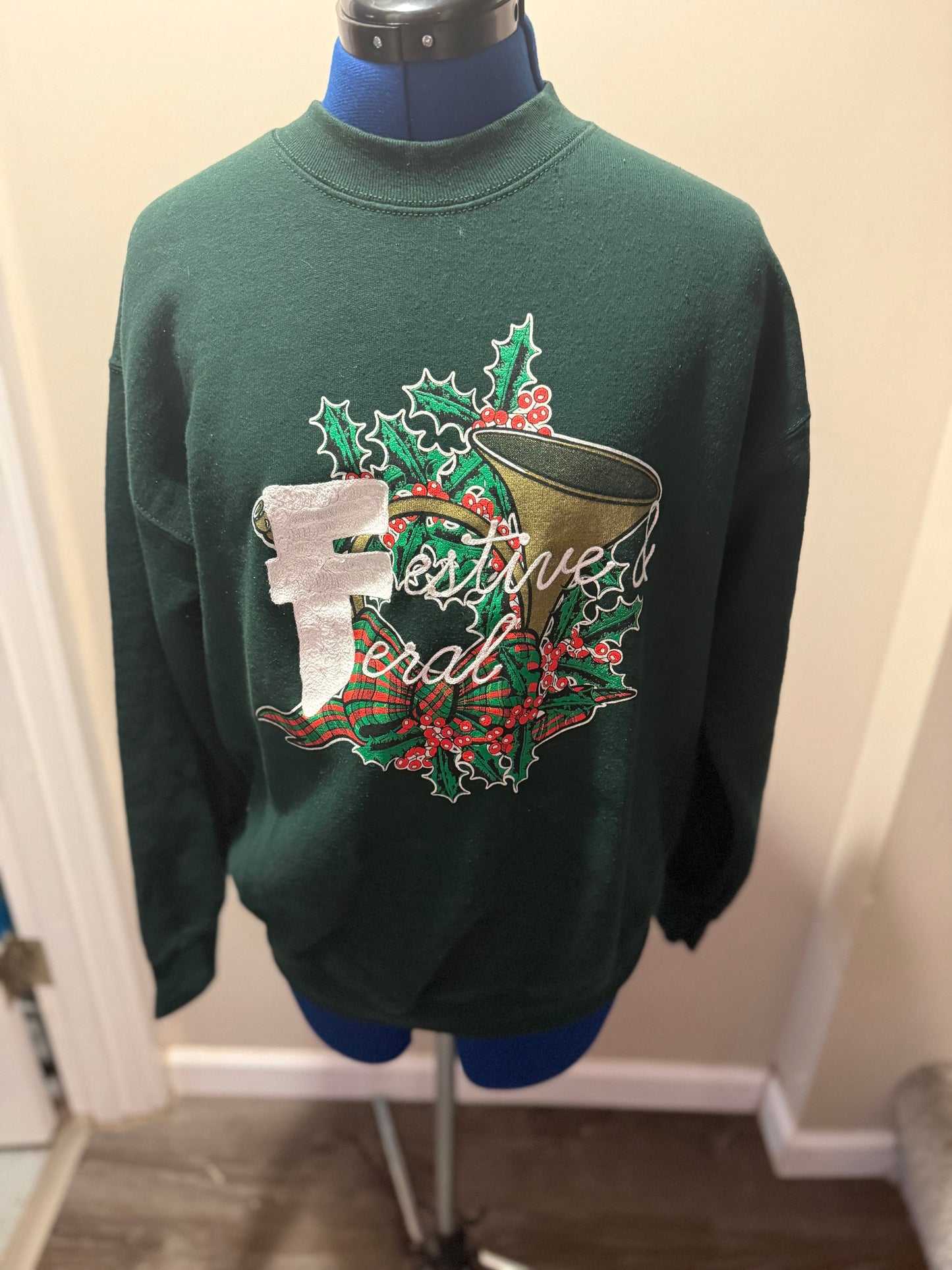 "Festive & Feral" Vintage 90s Red + Green Holiday Christmas Screen Print Sweatshirt