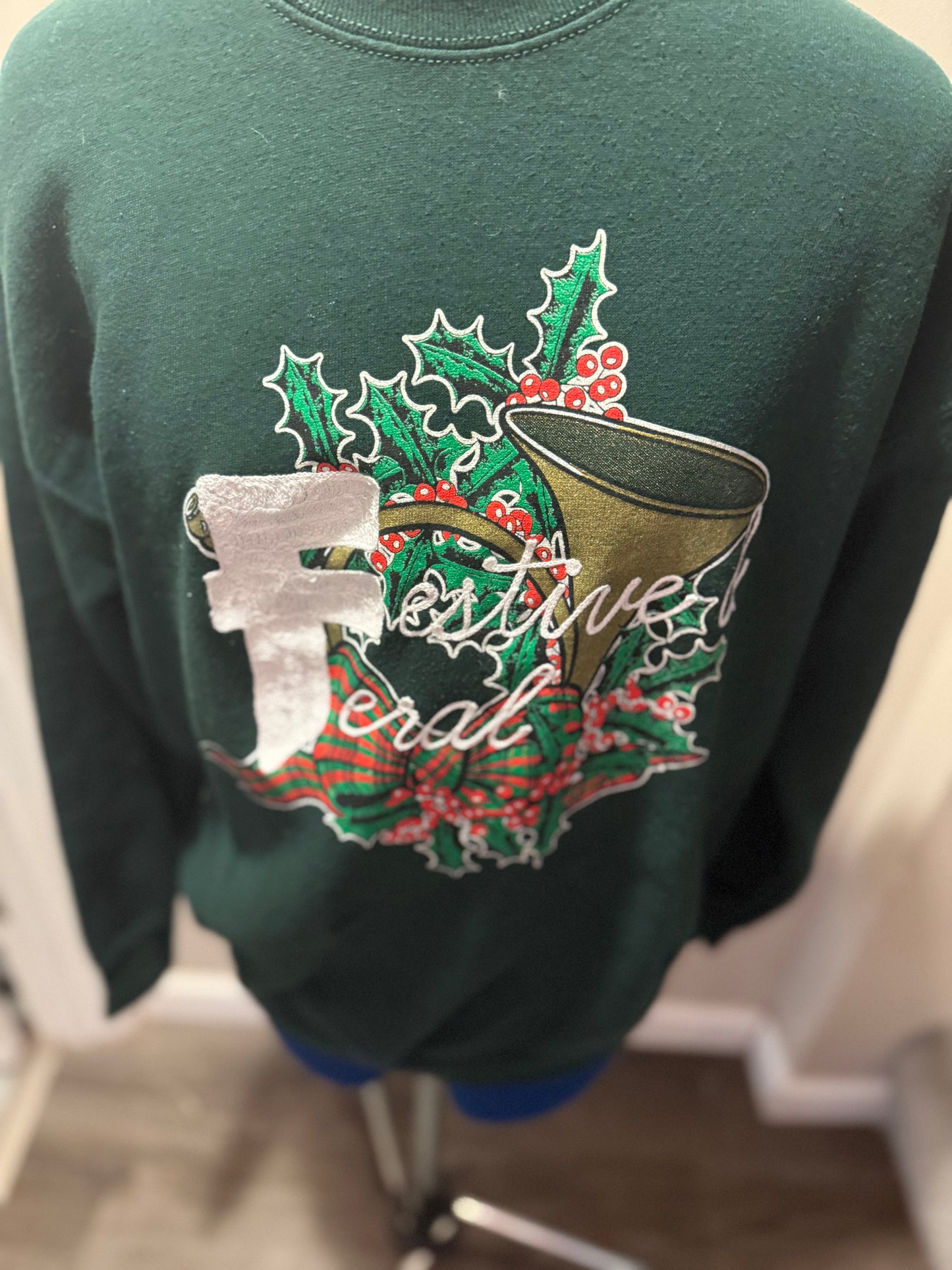 "Festive & Feral" Vintage 90s Red + Green Holiday Christmas Screen Print Sweatshirt