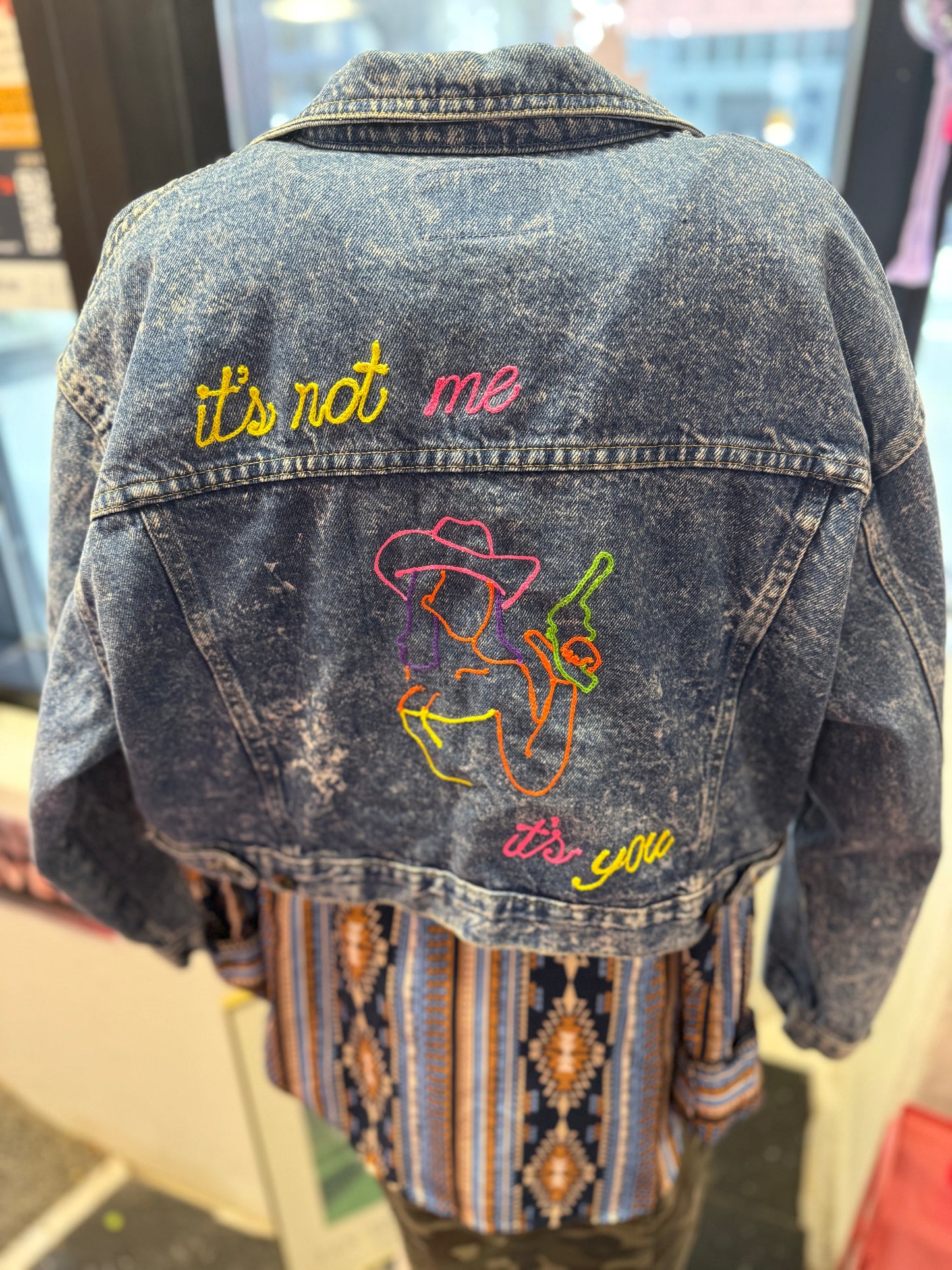 "It's not me, it's you" Neon Cowgirl Vintage Crop Denim Jacket