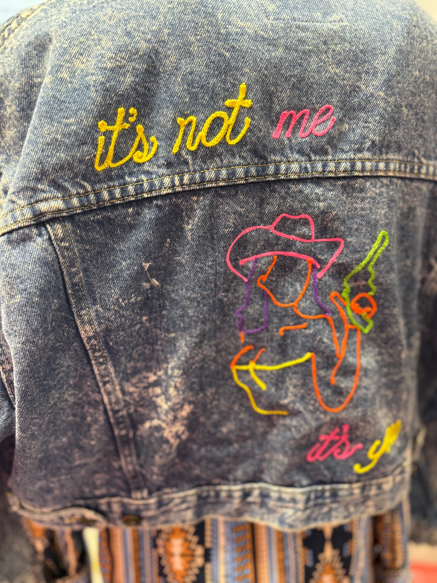 "It's not me, it's you" Neon Cowgirl Vintage Crop Denim Jacket