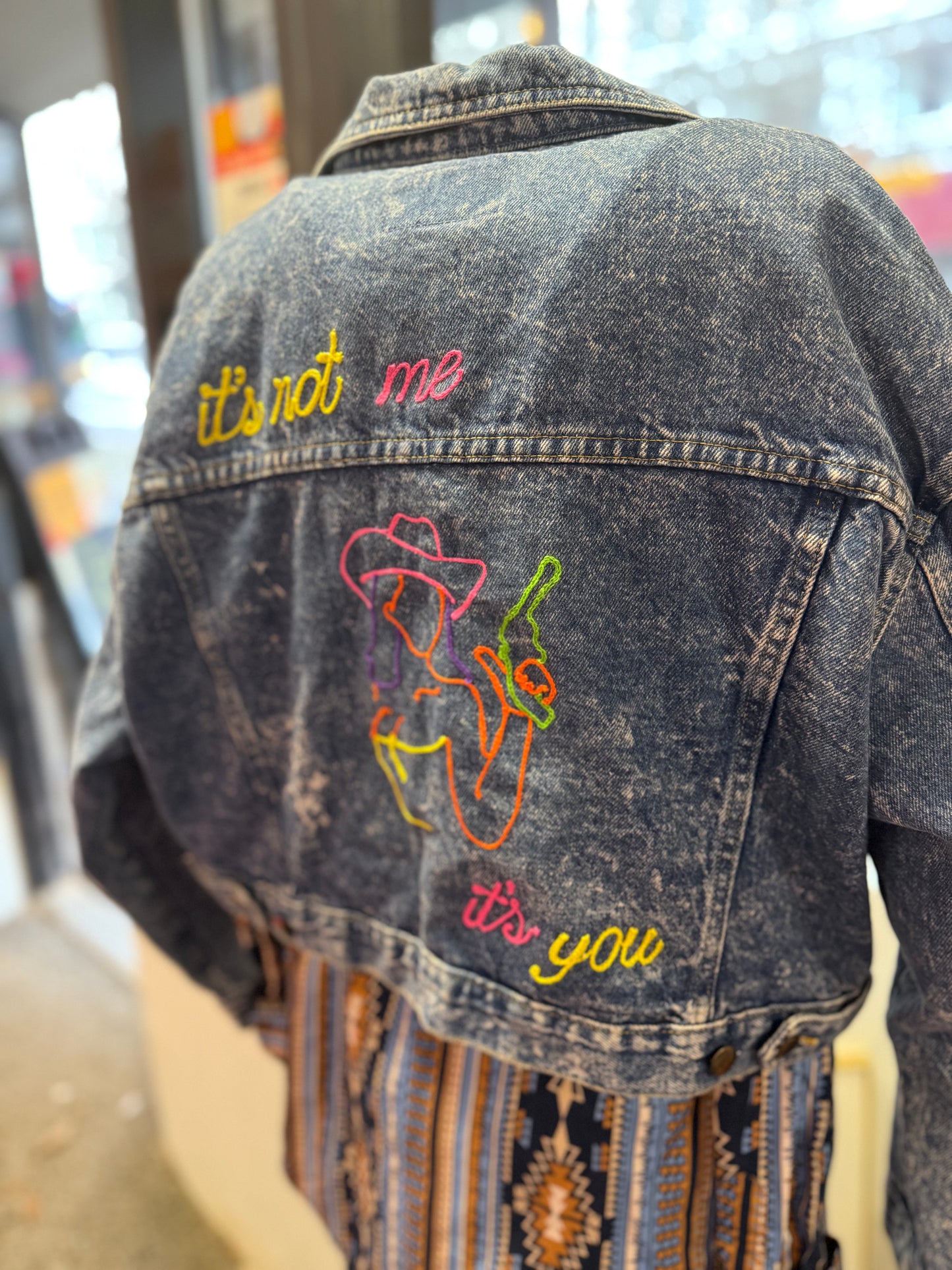 "It's not me, it's you" Neon Cowgirl Vintage Crop Denim Jacket