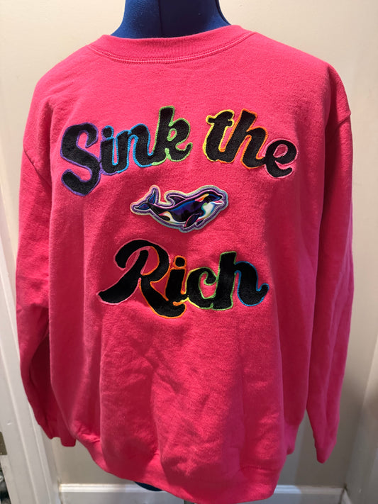"Sink the Rich" with Colorful Orca Whale Patch on Vintage Hot Pink Crewneck Sweatshirt