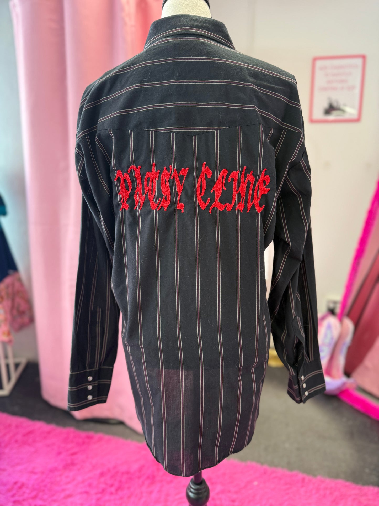 Metal "Patsy Cline" Vintage Black + Red Striped Pearl Snap Shirt
