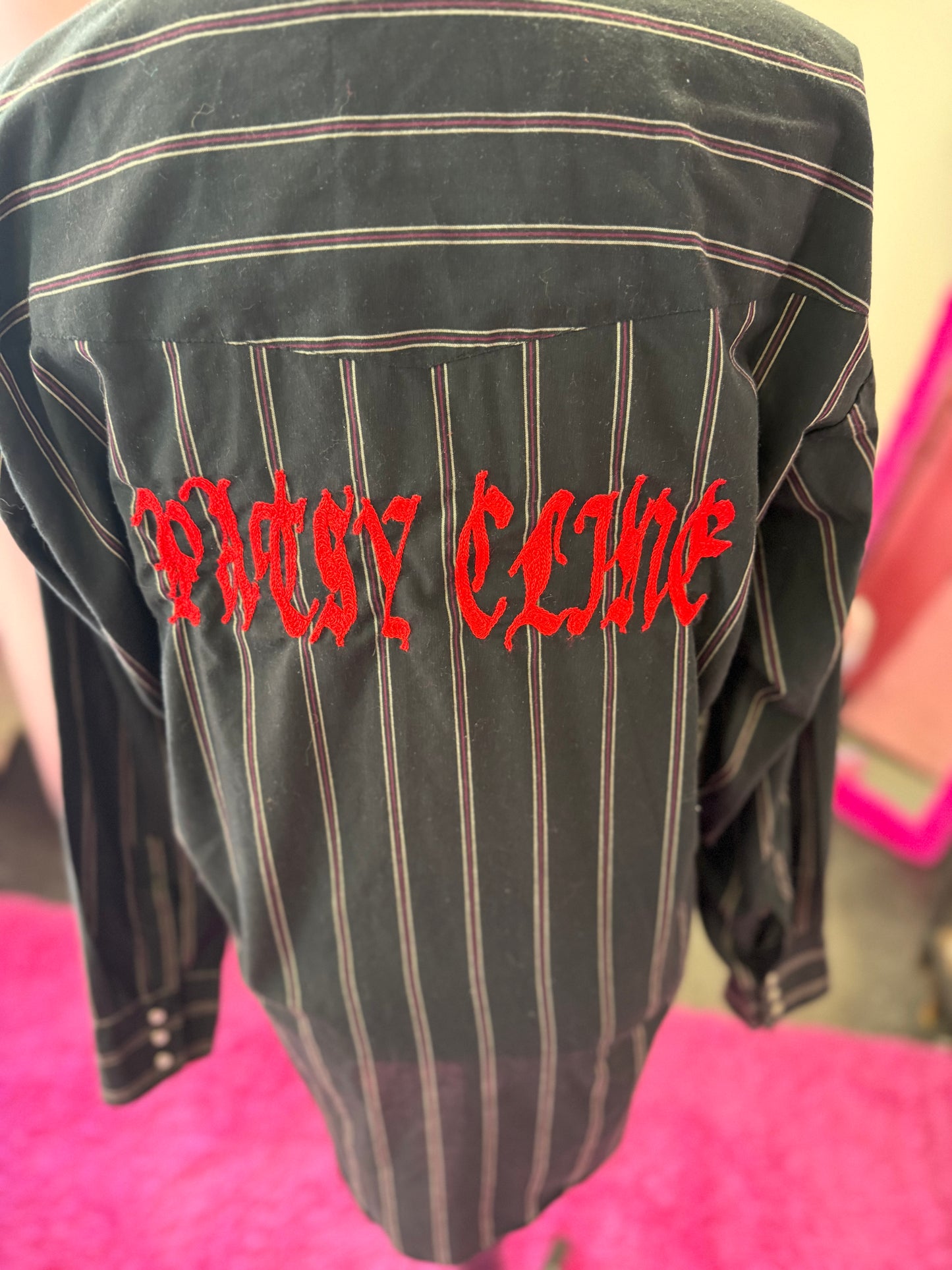 Metal "Patsy Cline" Vintage Black + Red Striped Pearl Snap Shirt