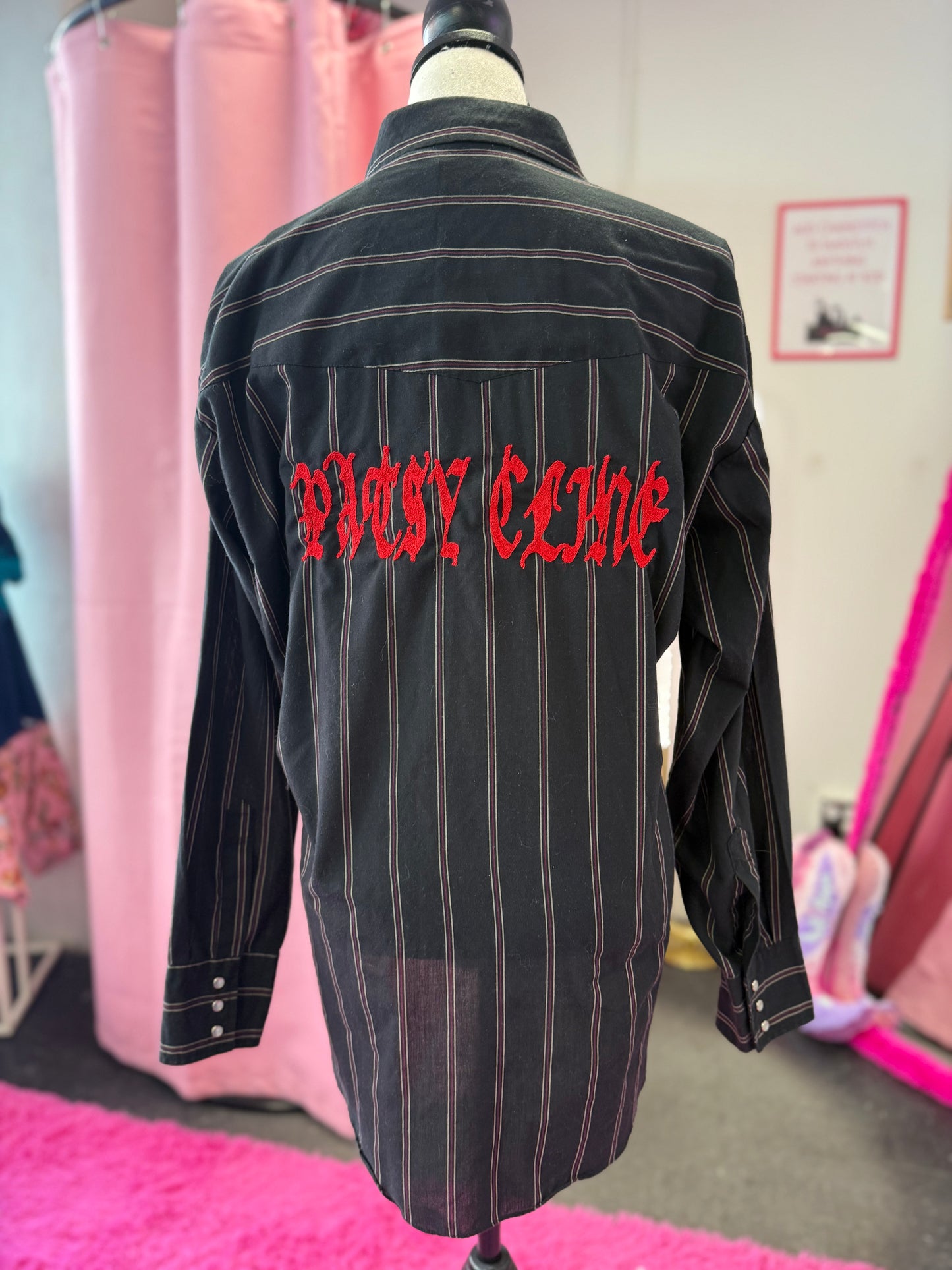 Metal "Patsy Cline" Vintage Black + Red Striped Pearl Snap Shirt