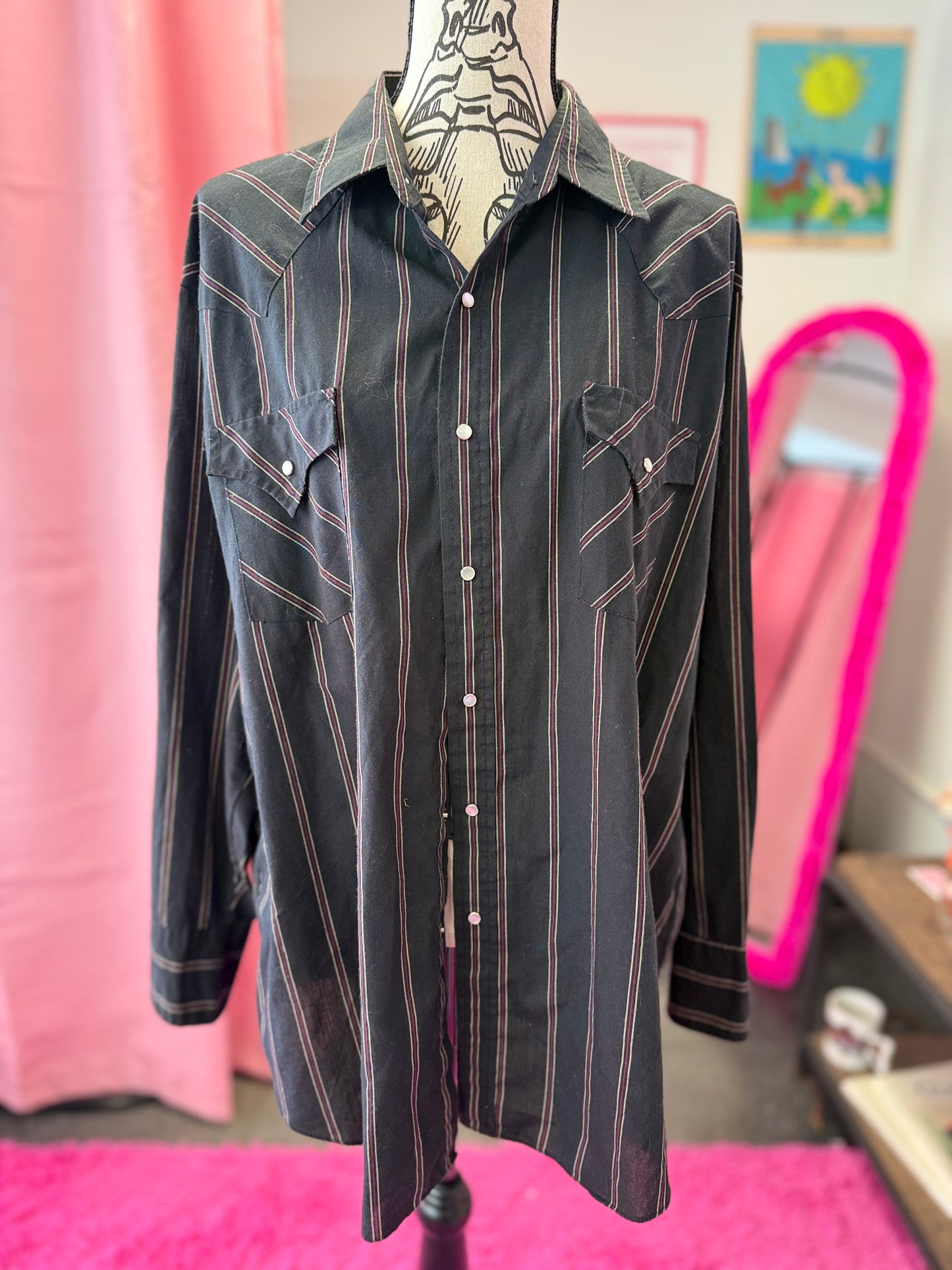 Metal "Patsy Cline" Vintage Black + Red Striped Pearl Snap Shirt