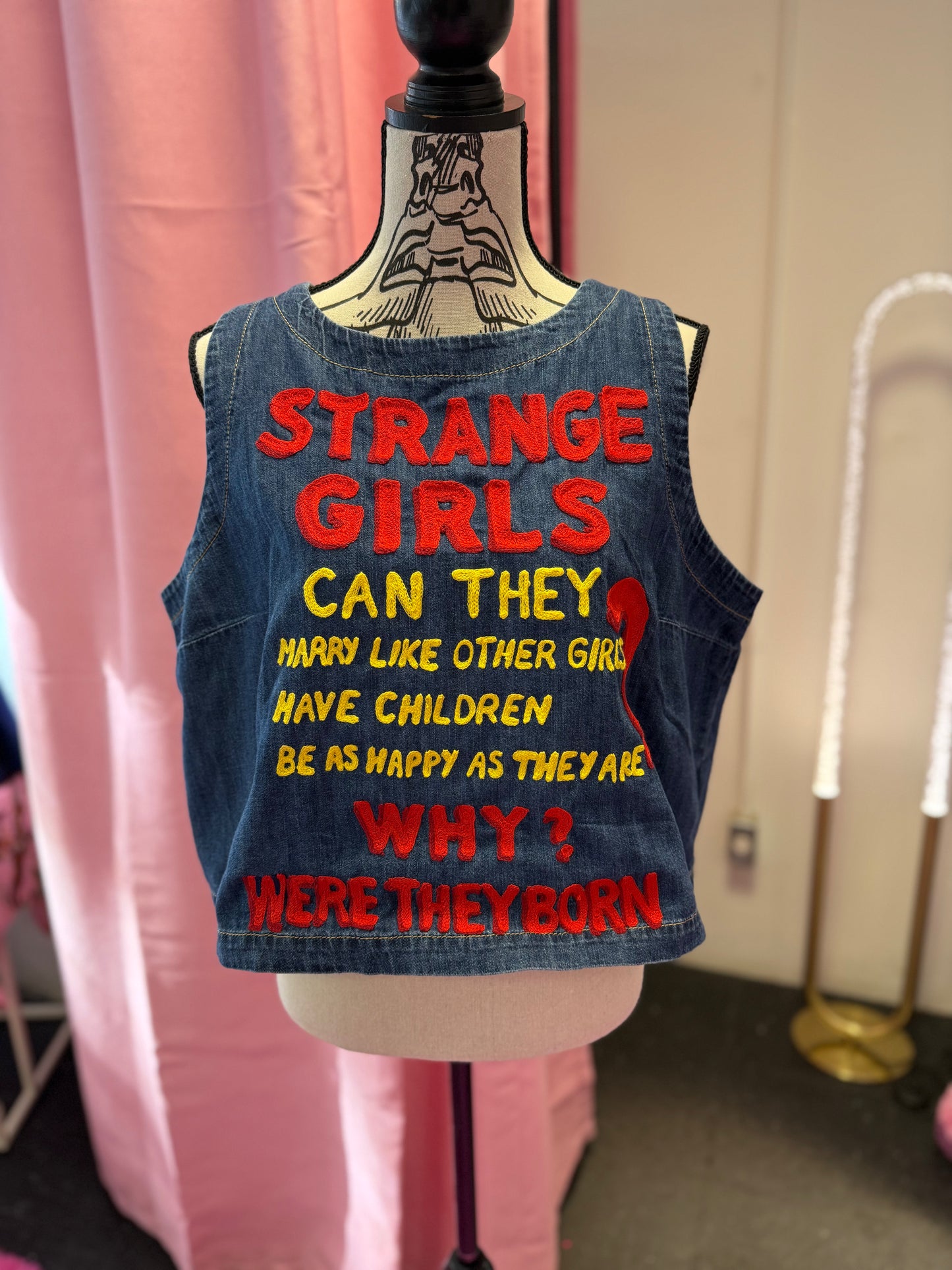 "Strange Girls" Denim Sleeveless High Neck Top