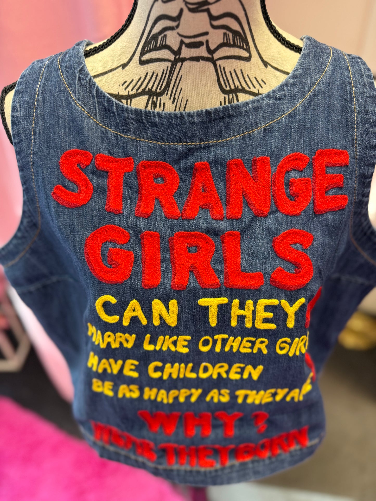 "Strange Girls" Denim Sleeveless High Neck Top