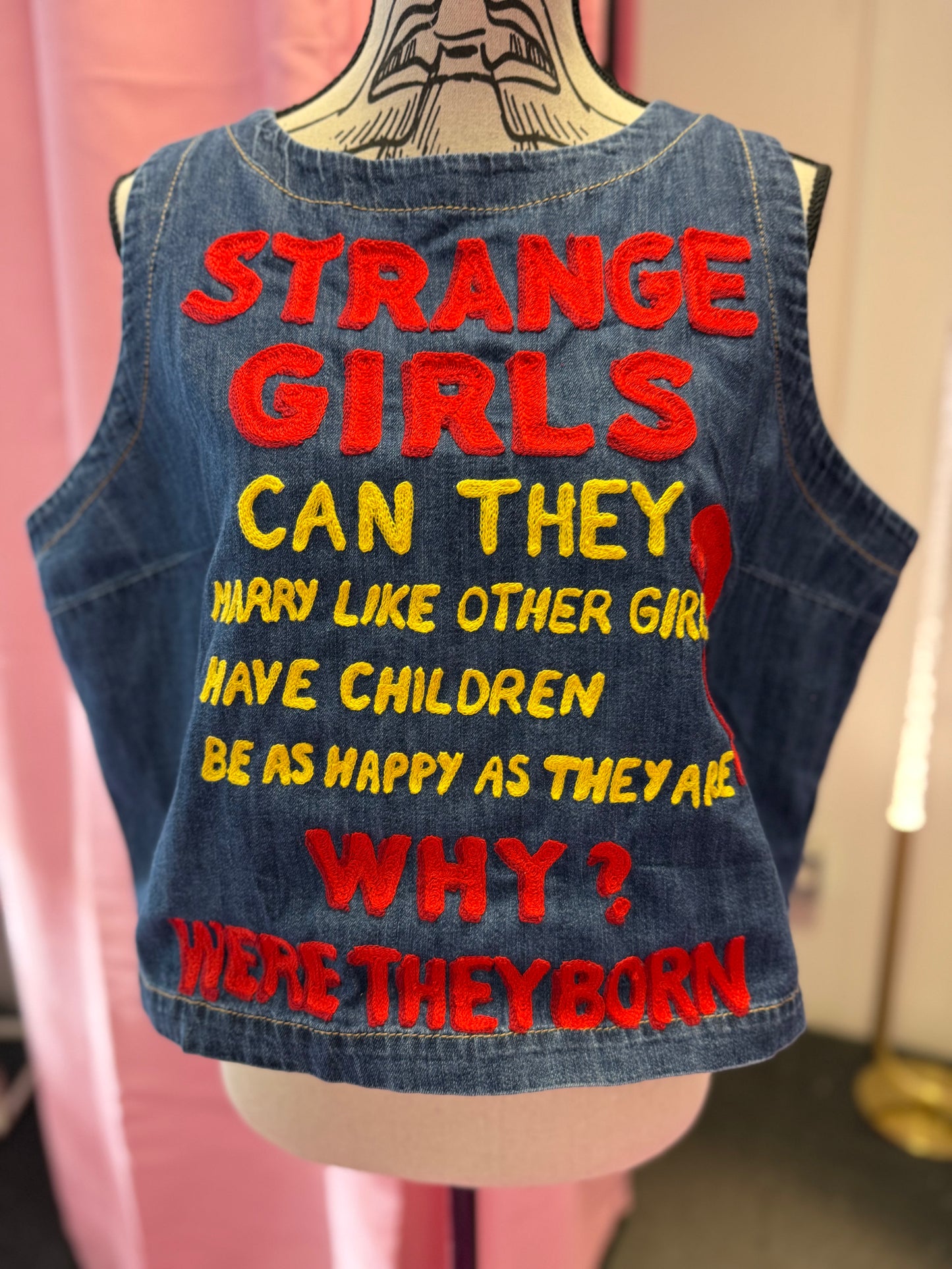 "Strange Girls" Denim Sleeveless High Neck Top