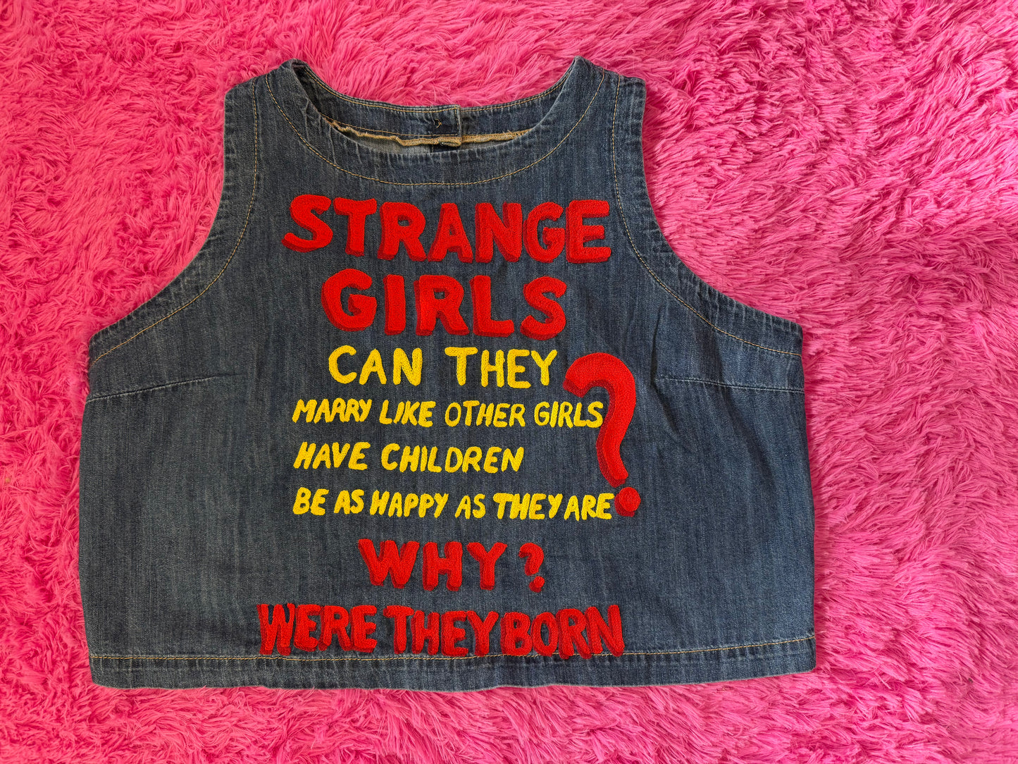 "Strange Girls" Denim Sleeveless High Neck Top