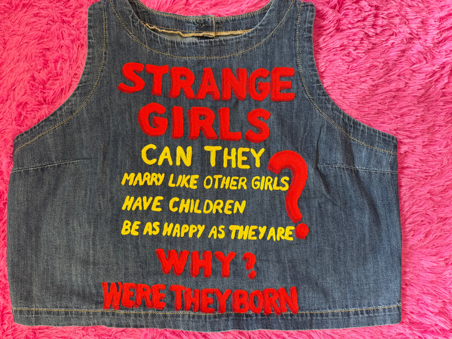 "Strange Girls" Denim Sleeveless High Neck Top