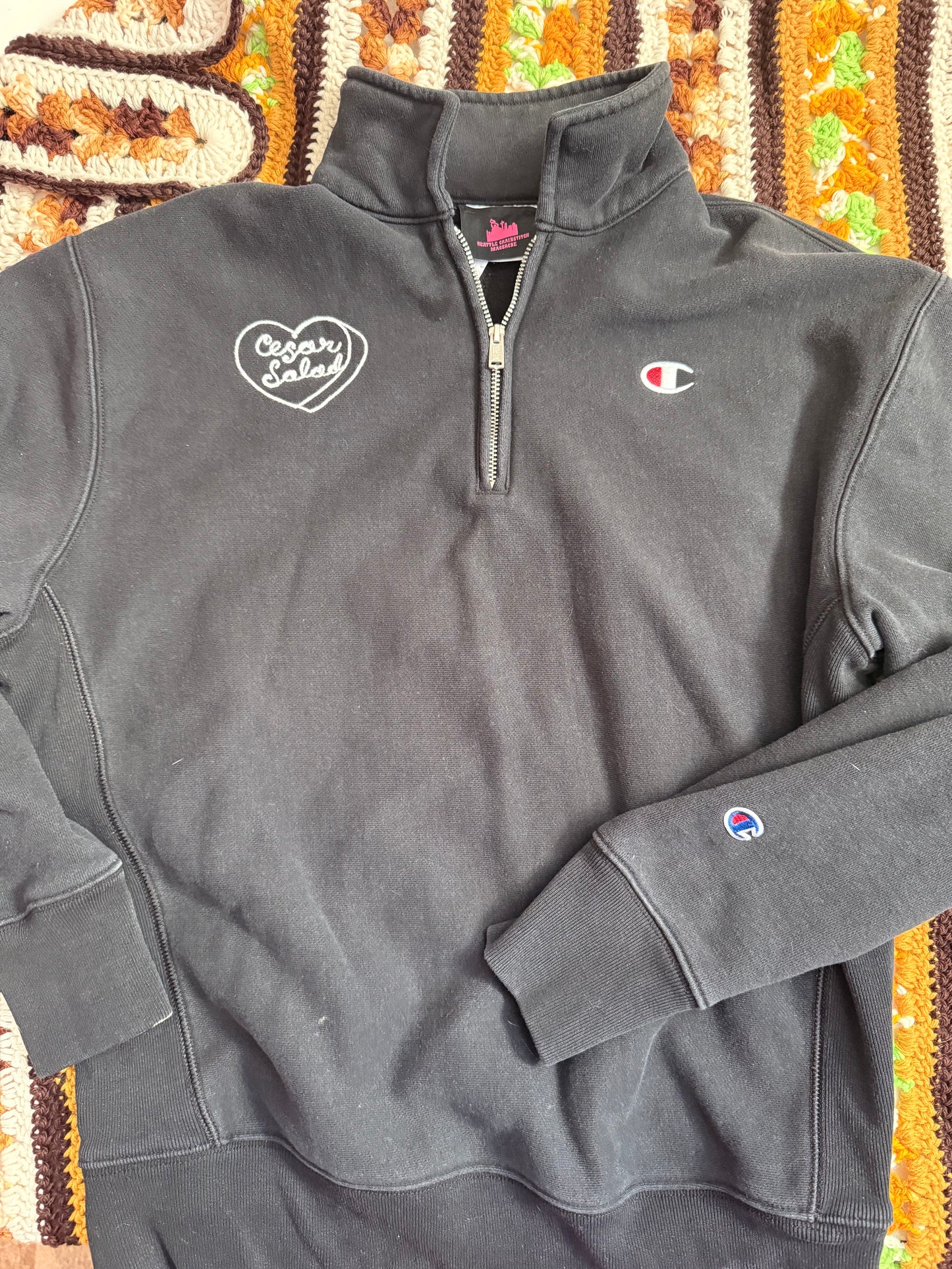 I <3 Ceasar Salad Vintage Black Half Zip Champion Sweatshirt - Medium