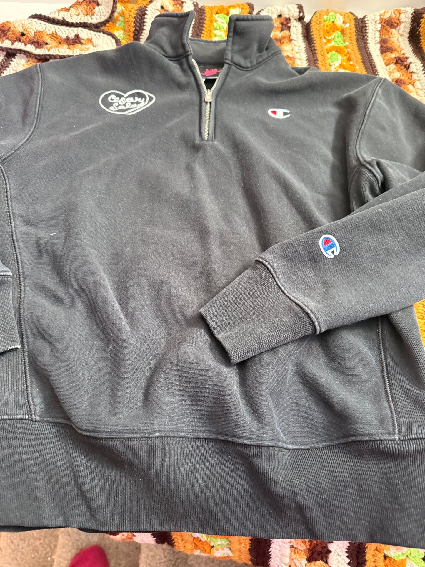 I <3 Ceasar Salad Vintage Black Half Zip Champion Sweatshirt - Medium