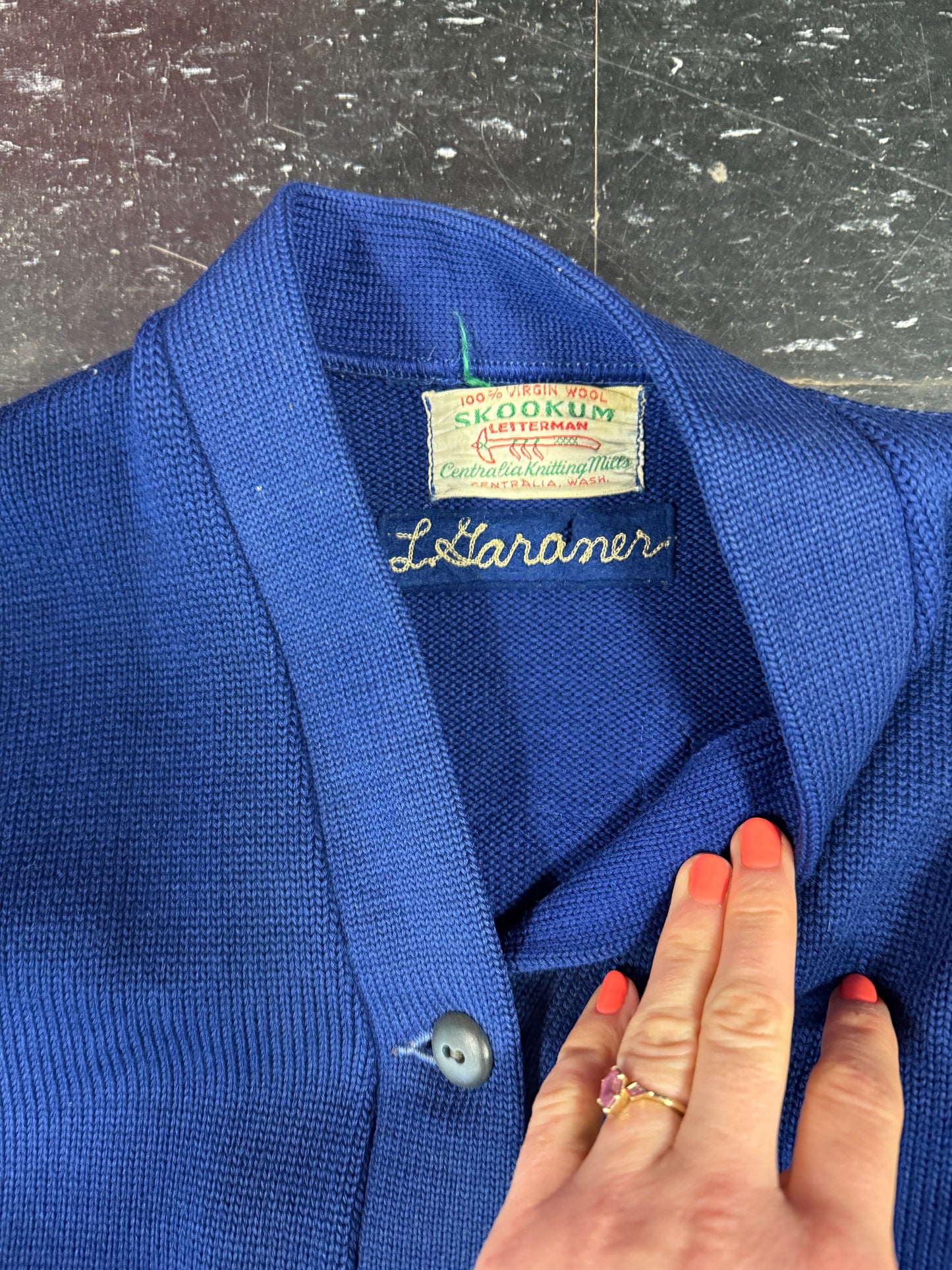 Vintage 1960s Blue + Maroon Wool Letterman Cardigan with Patches