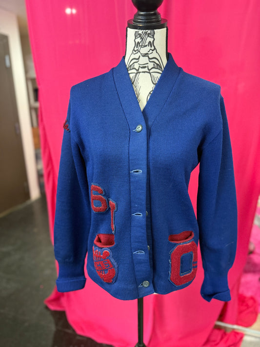 Vintage 1960s Blue + Maroon Wool Letterman Cardigan with Patches