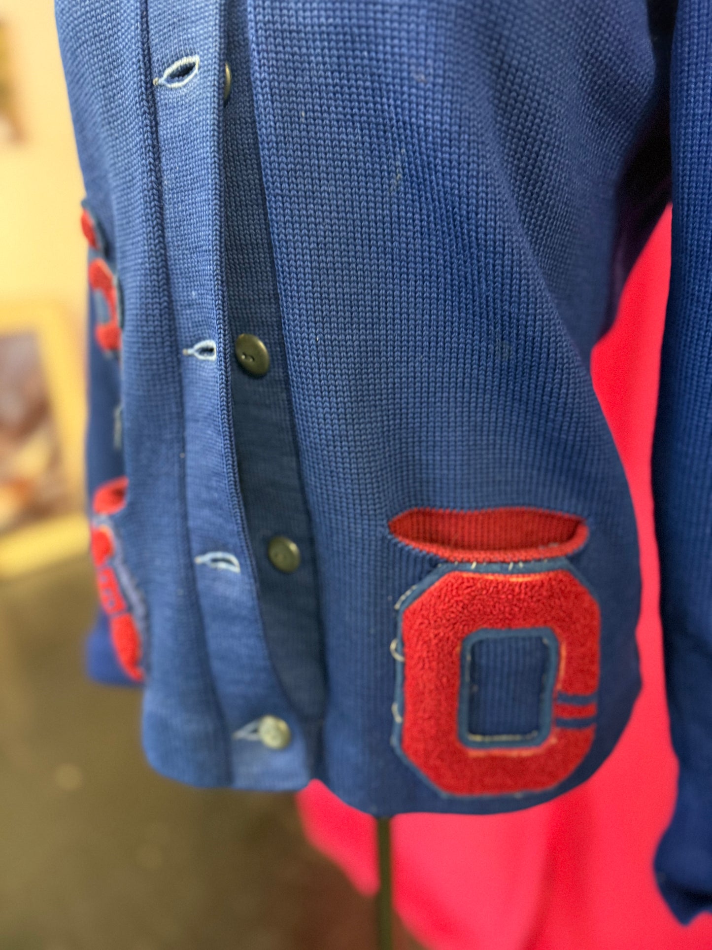 Vintage 1960s Blue + Maroon Wool Letterman Cardigan with Patches
