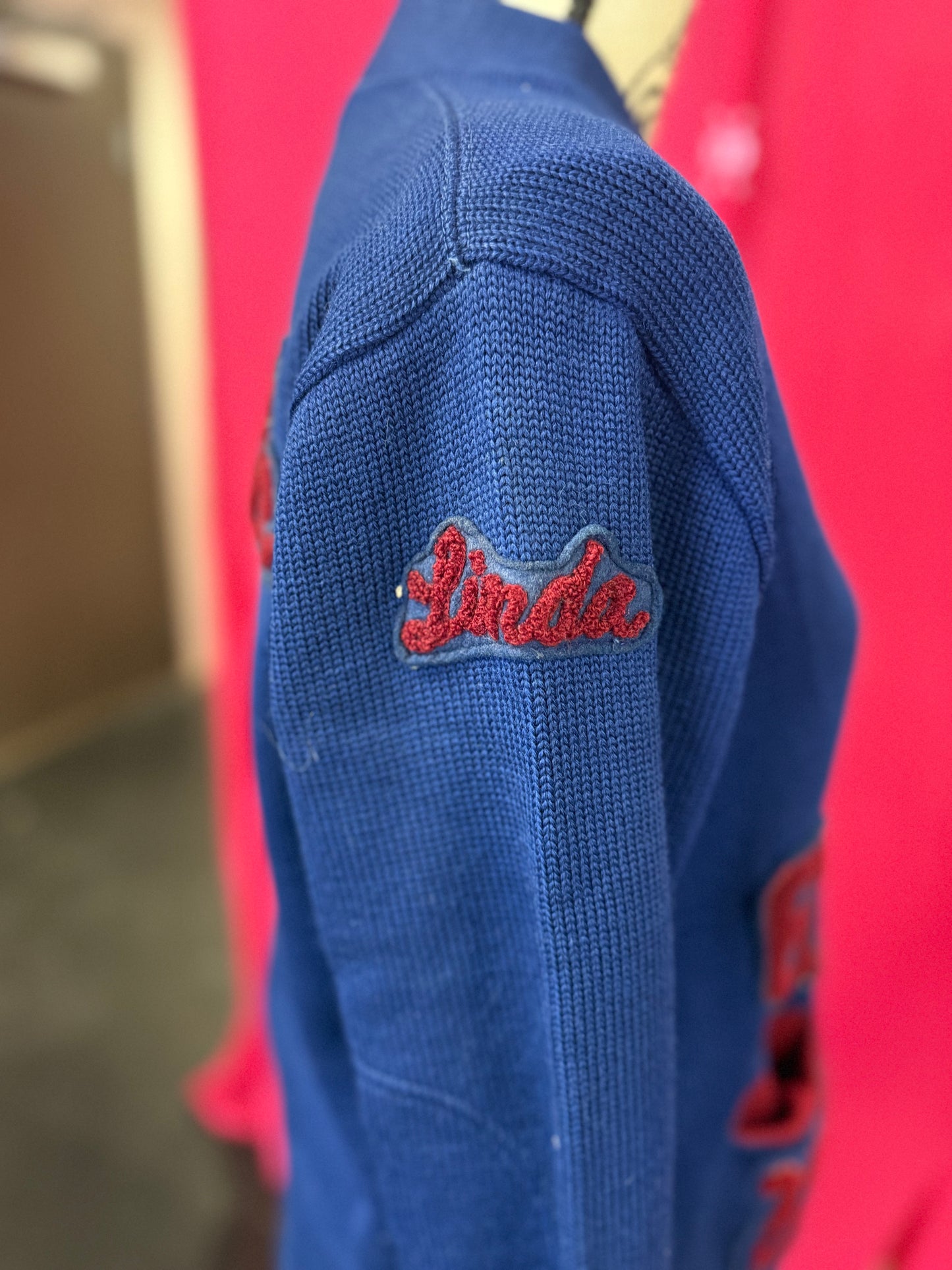 Vintage 1960s Blue + Maroon Wool Letterman Cardigan with Patches