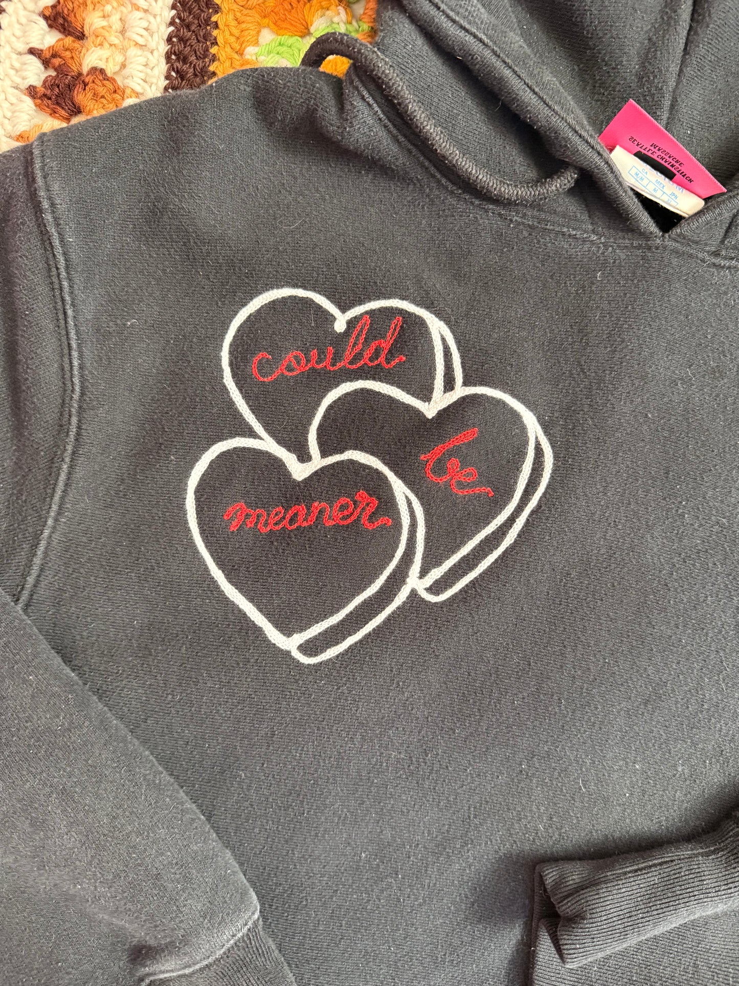 Could Be Meaner Conversation Heart Vintage Black Champion Cropped Hoodie - M