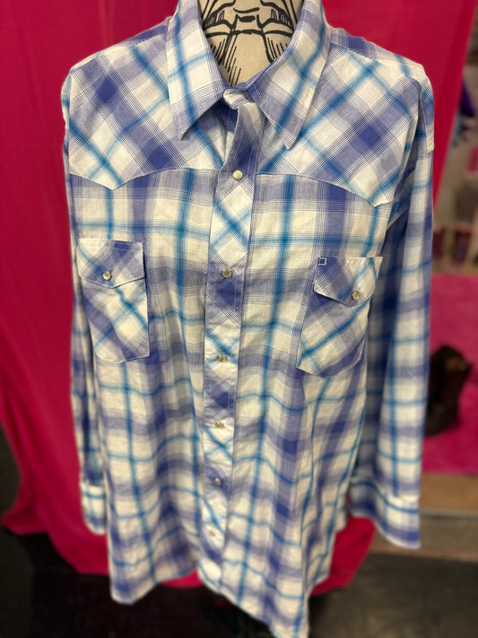 Blue + White Plaid Western Wrangler Pearl Snap