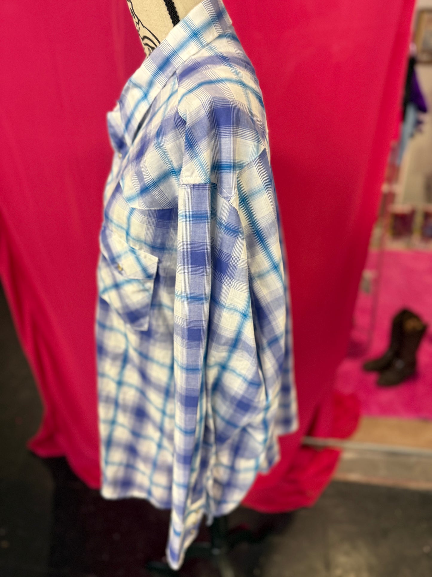 Blue + White Plaid Western Wrangler Pearl Snap