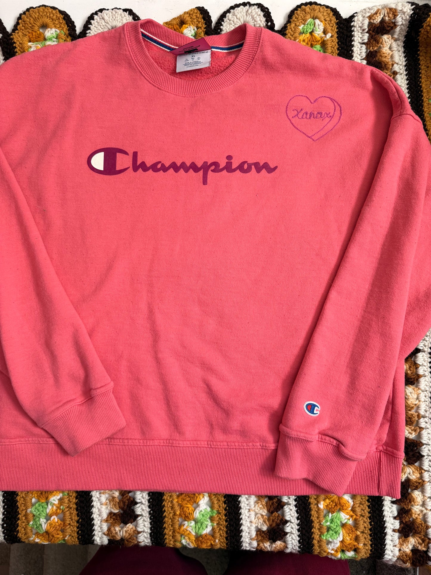 I <3 Xanax Coral Pink + Purple Champion Crewneck - XL