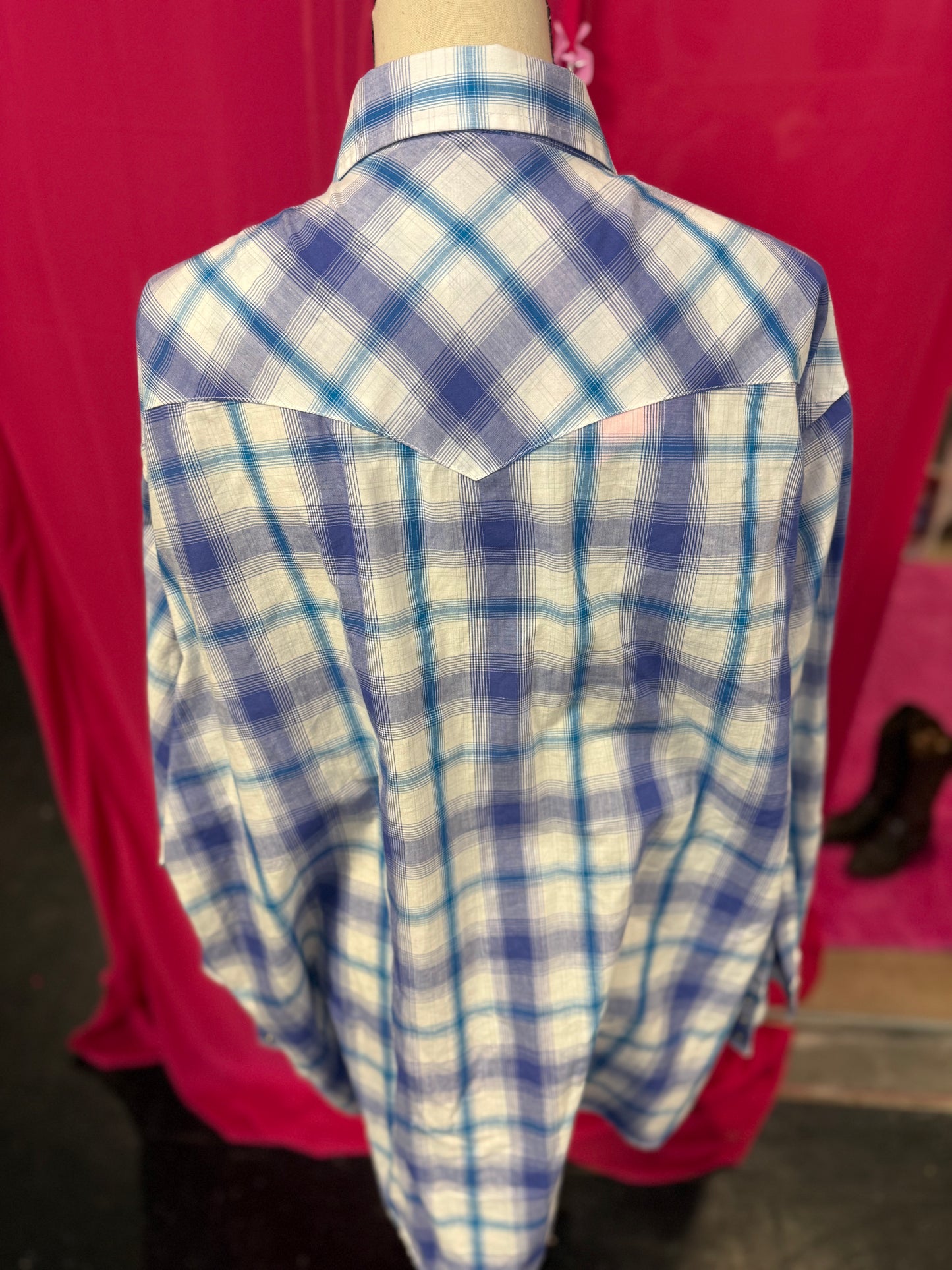 Blue + White Plaid Western Wrangler Pearl Snap