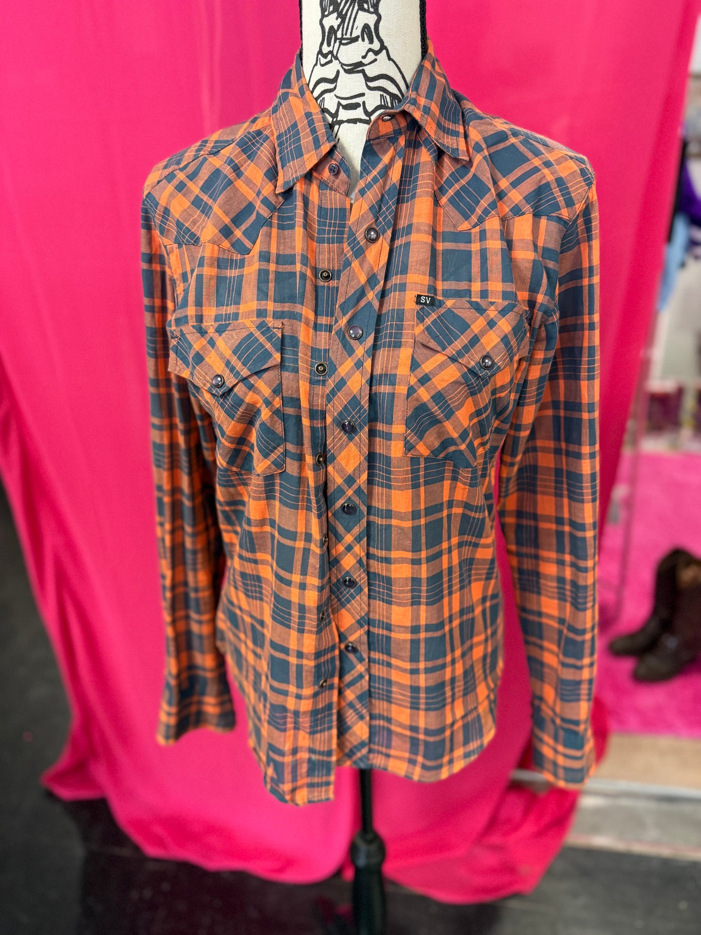 Orange + Black Plaid Western Style Pearl Snap