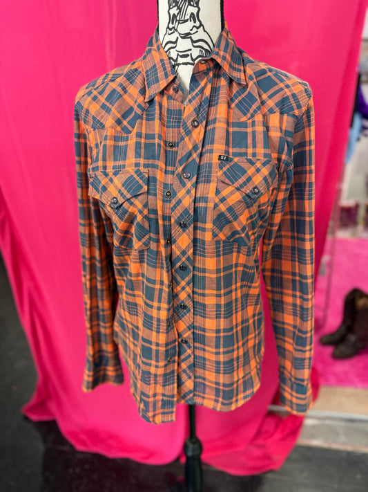 Orange + Black Plaid Western Style Pearl Snap