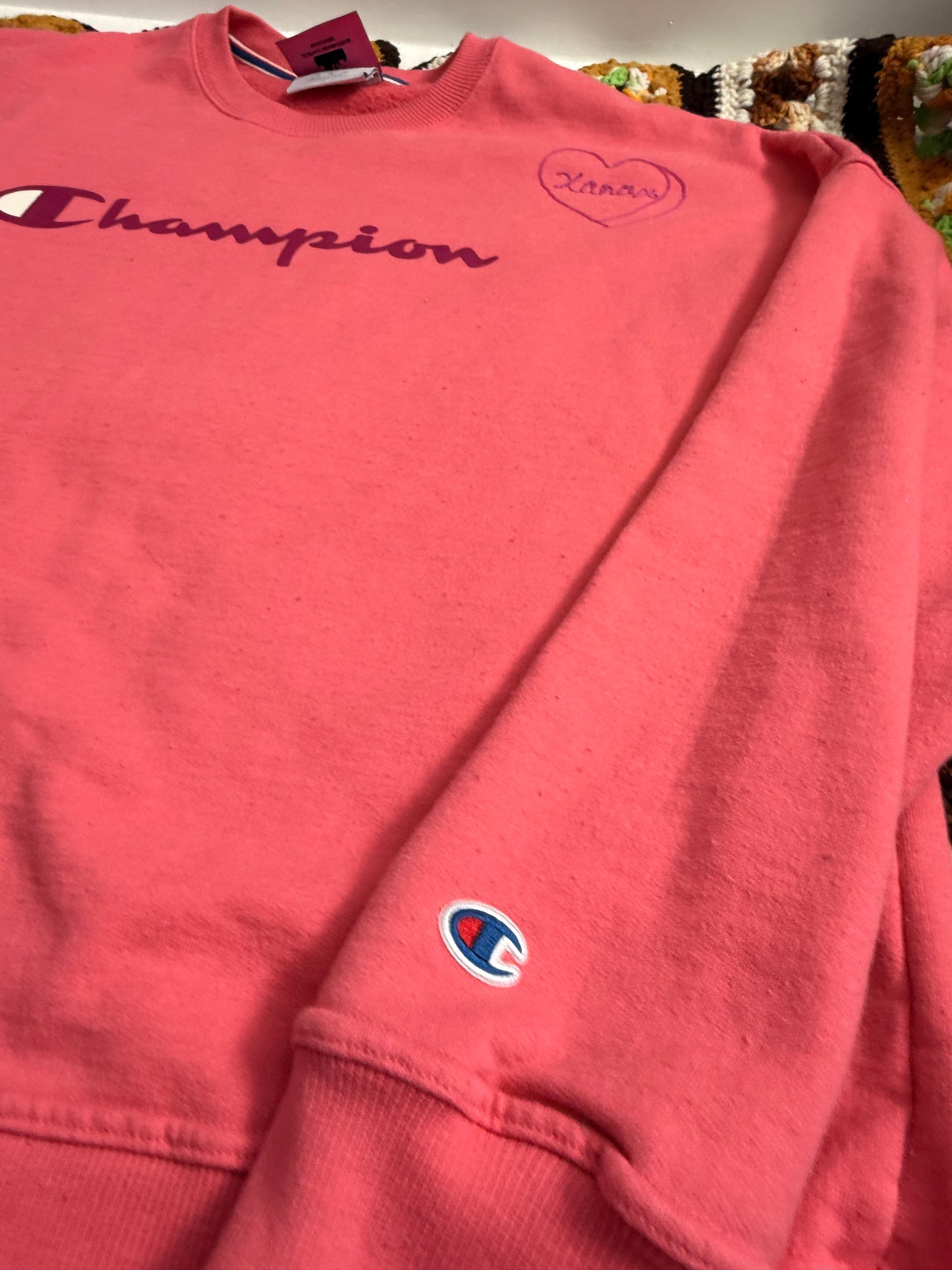 I <3 Xanax Coral Pink + Purple Champion Crewneck - XL