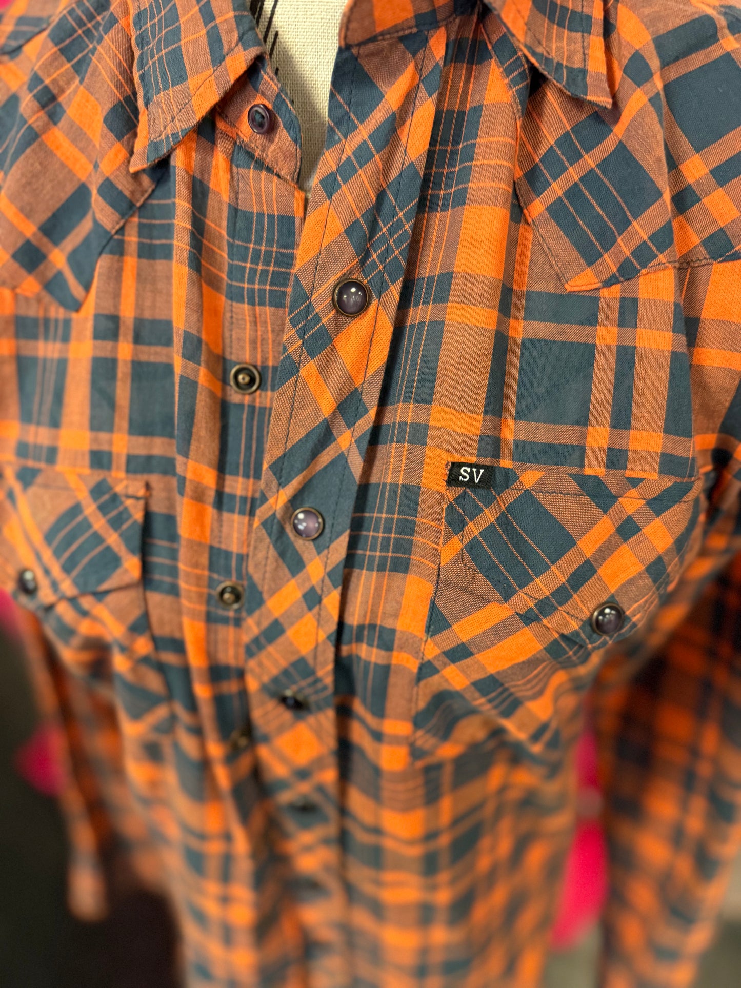 Orange + Black Plaid Western Style Pearl Snap