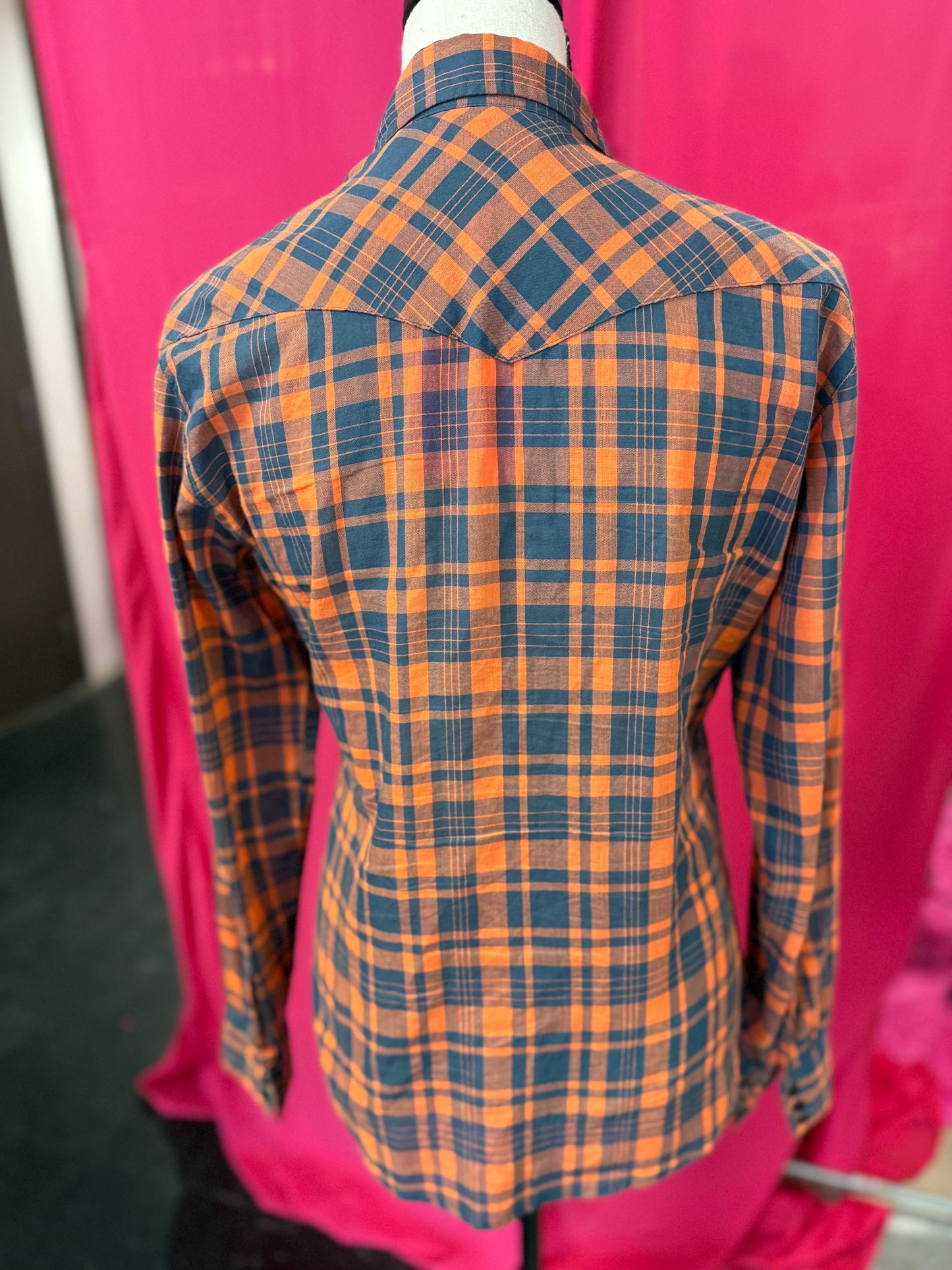 Orange + Black Plaid Western Style Pearl Snap