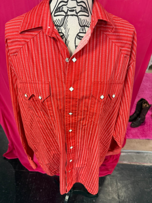 Red + Orange Striped Rodeo Style Western Diamond Pearl Snap