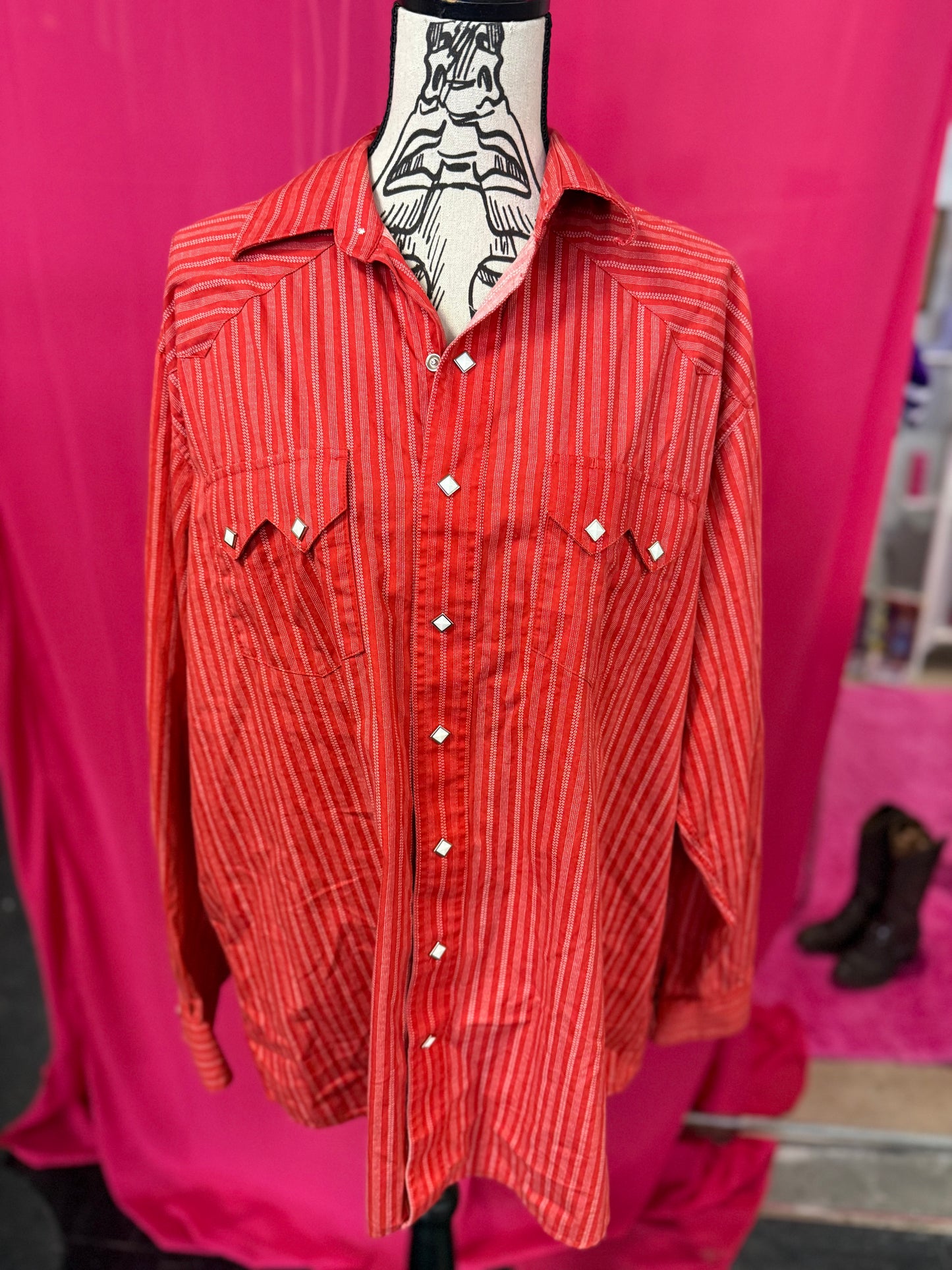 Red + Orange Striped Rodeo Style Western Diamond Pearl Snap