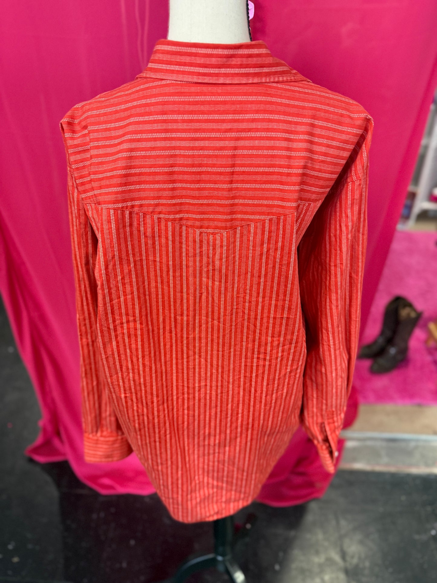 Red + Orange Striped Rodeo Style Western Diamond Pearl Snap