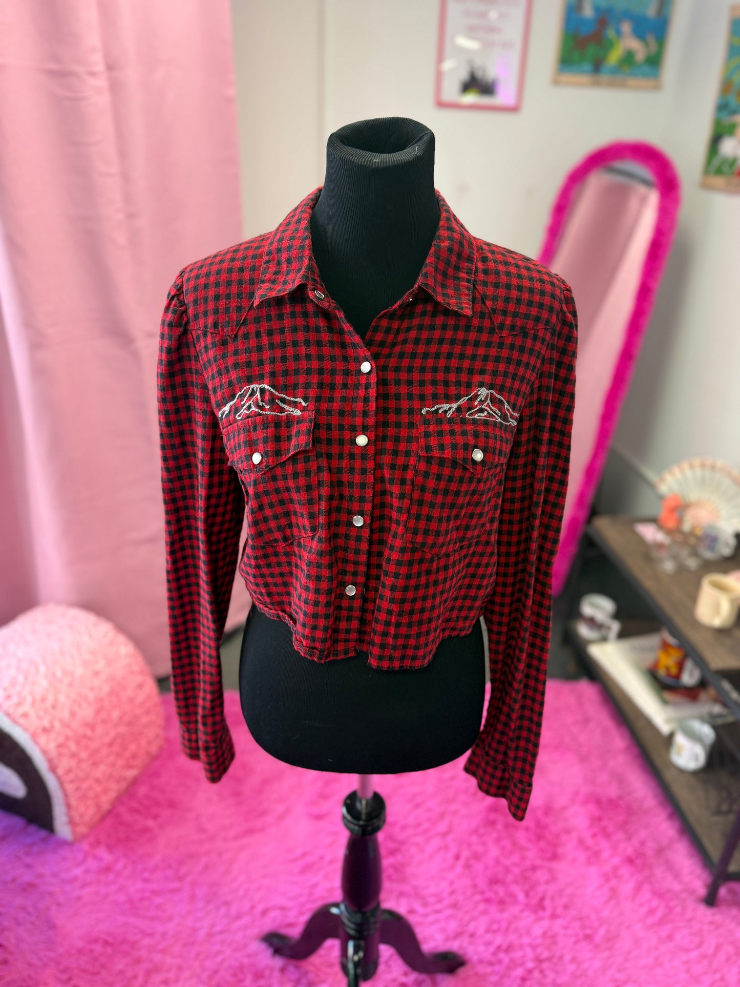 The Mountains Are Out Buffalo Plaid Long Sleeve Pearl Snap Crop