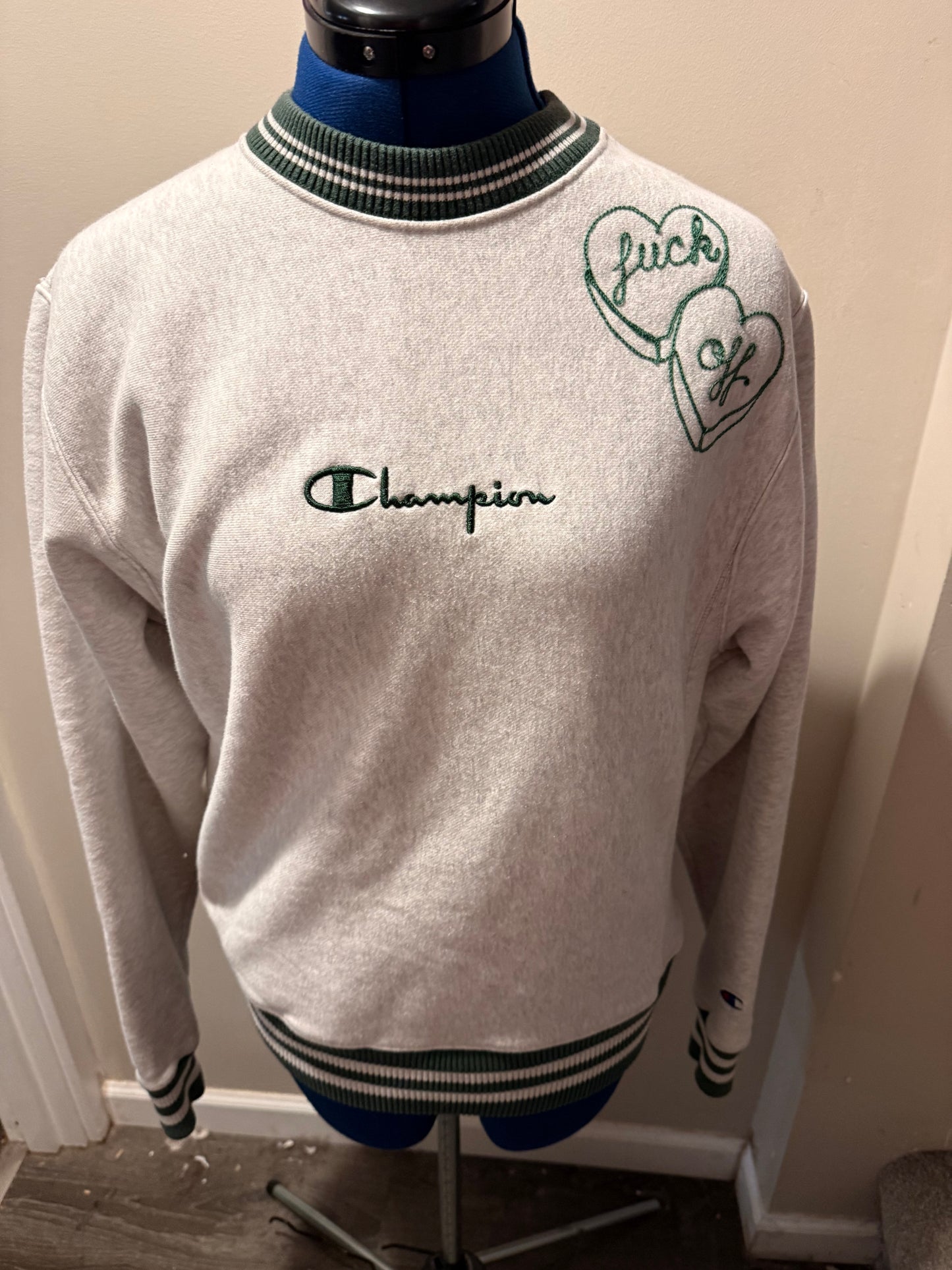 Fuck Off Hearts VTG Gray + Green Varsity-Style Crewneck - Small