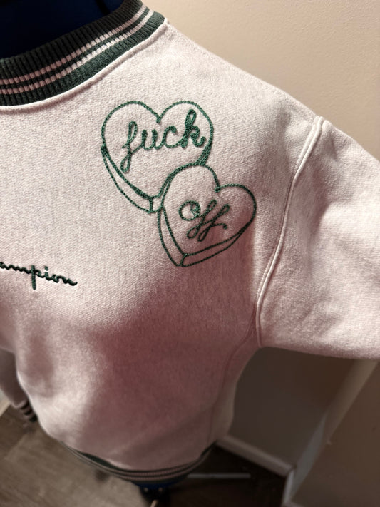 Fuck Off Hearts VTG Gray + Green Varsity-Style Crewneck - Small