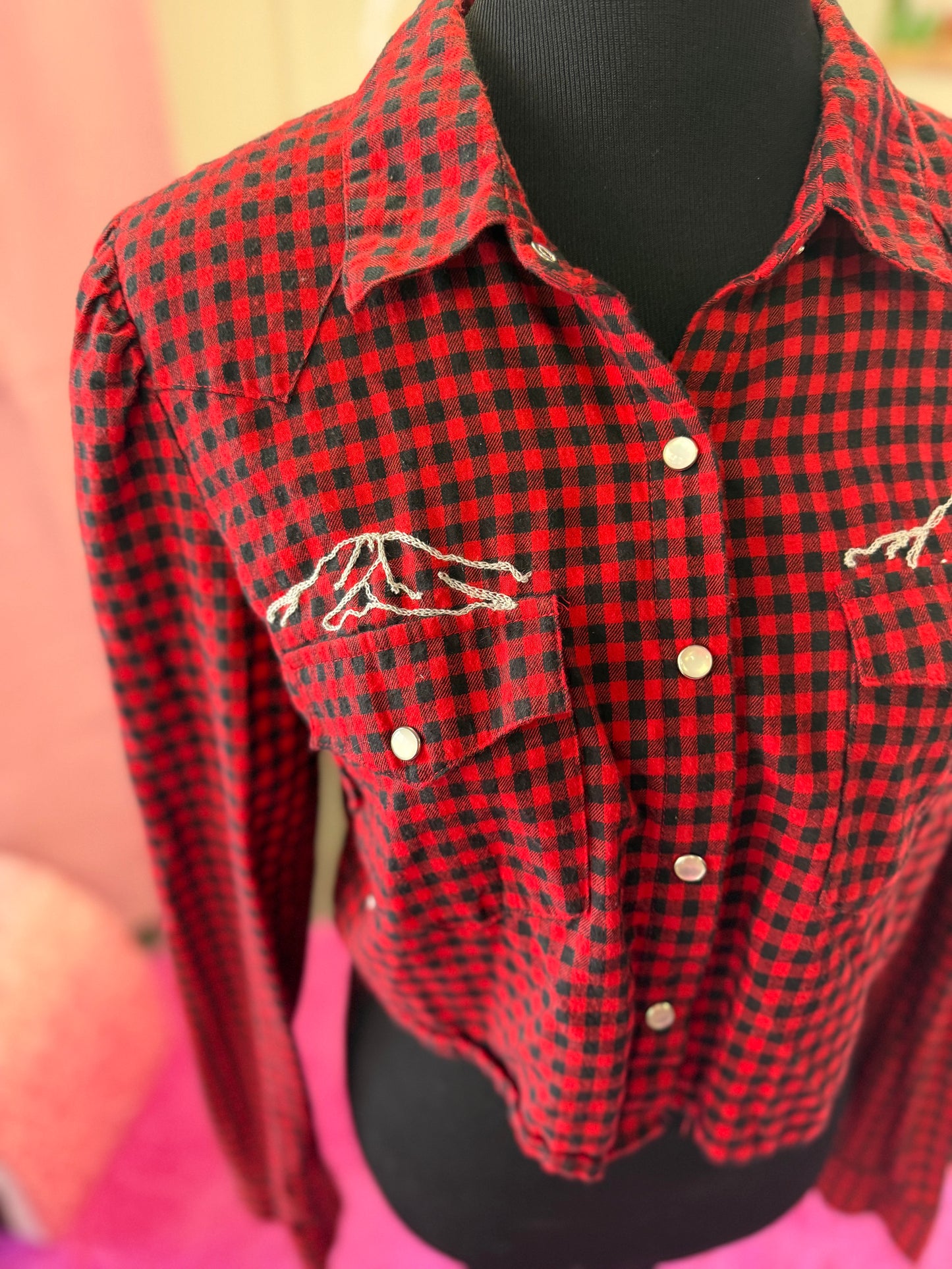 The Mountains Are Out Buffalo Plaid Long Sleeve Pearl Snap Crop
