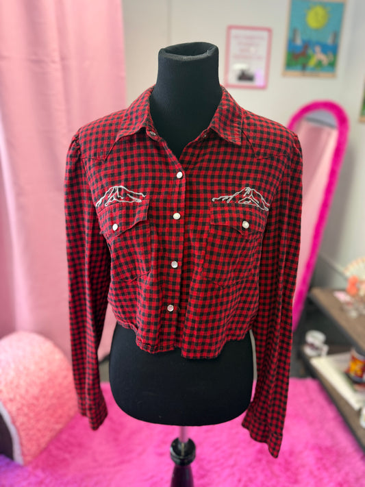 The Mountains Are Out Buffalo Plaid Long Sleeve Pearl Snap Crop