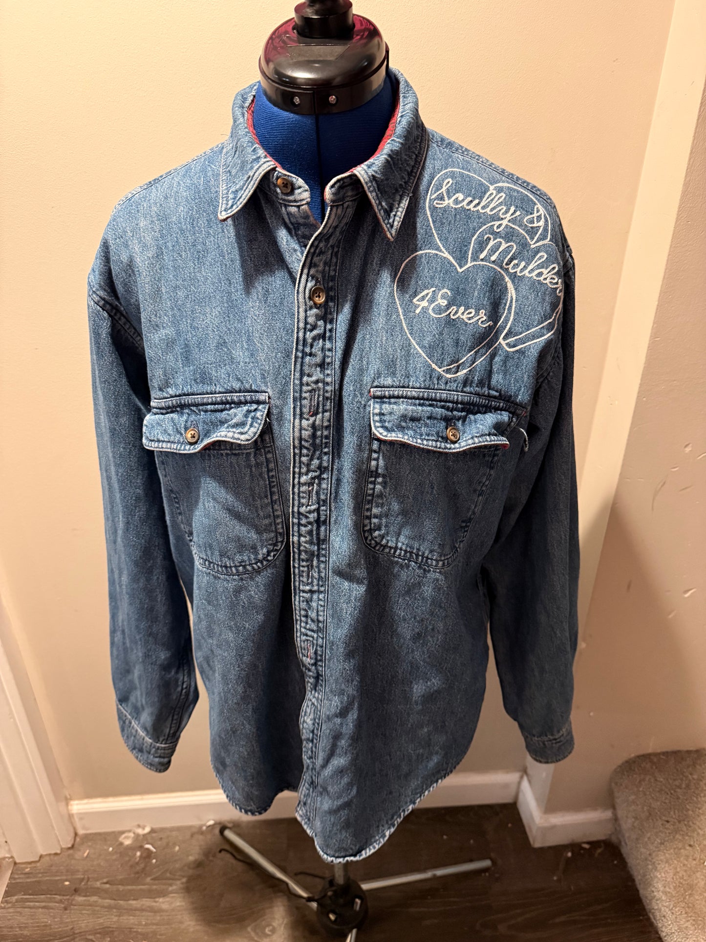 Scully & Mulder 4Ever Hearts VTG Flannel-Lined Denim Shacket - Large