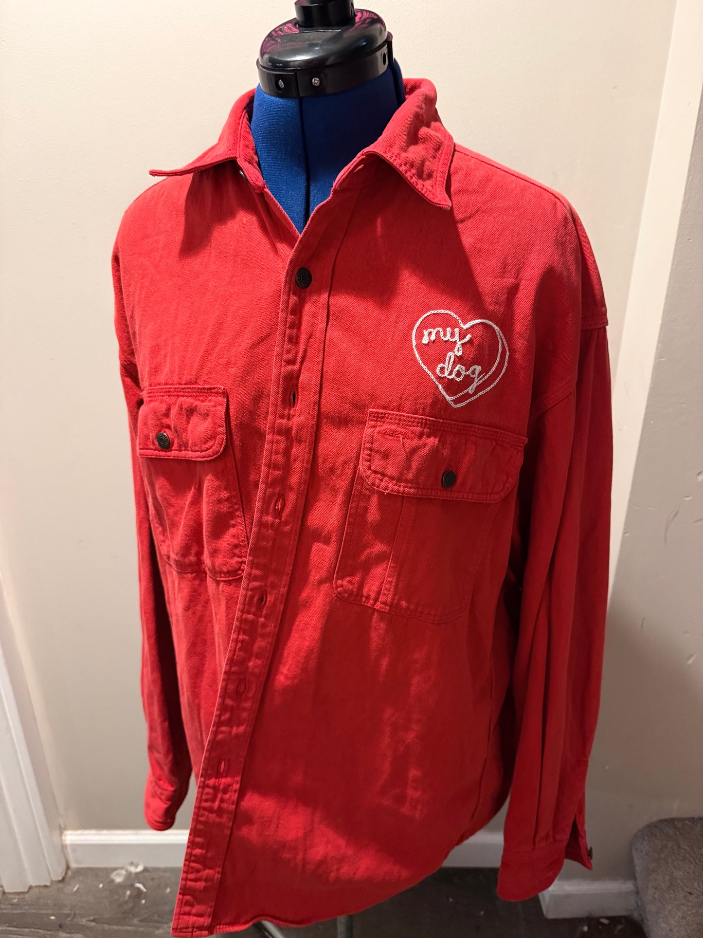 I <3 My Dog Vintage Red Denim Button-Up Chore Coat - Large